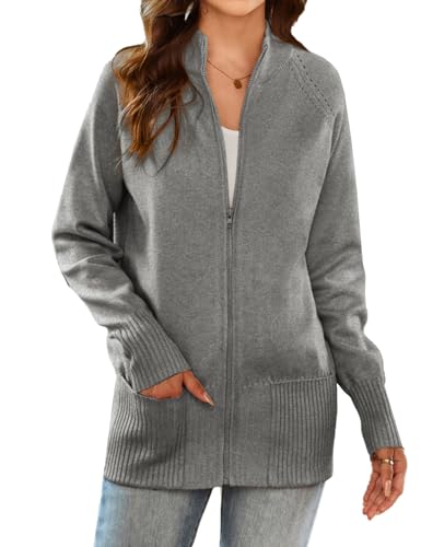 Mit Reißverschluss Langarm Alltagsstrickjacke Langarm Herbst Winter Damen Pullover Strickjacke Grau XL von GRACE KARIN