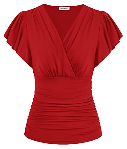 Oberteil Mit Ausschnitt Damen Bluse V Ausschnitt Pullover Elegant Plus Size Clothes Shirts Groß Rot-kurz M von GRACE KARIN