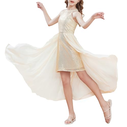 Party Cocktail Mädchen Süßes Elegant Ärmellos Partykleid Solid Farbe A-Linien Neckholder Cocktailkleid Glänzendes Pailletten Kleid Gold 6-7 Jahre von GRACE KARIN