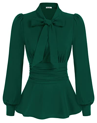GRACE KARIN Damen Elegant Bow-Knot Büro Oberteile Puffärmel Schößchen Dressy Shirt Gesmokte Taille Blusen CL1476-03_2XL von GRACE KARIN