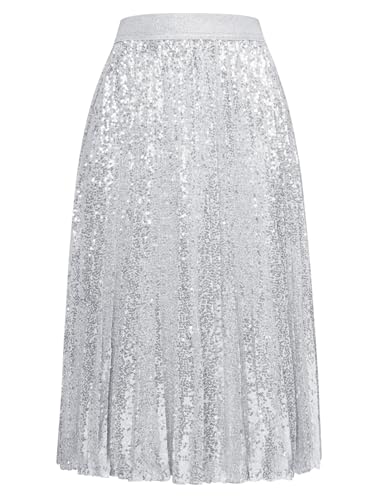 Rock Damen Sommer Elastische Taille Midi Faltenrock Silber Damen Festlich Einfarbig L Silber -3 von GRACE KARIN