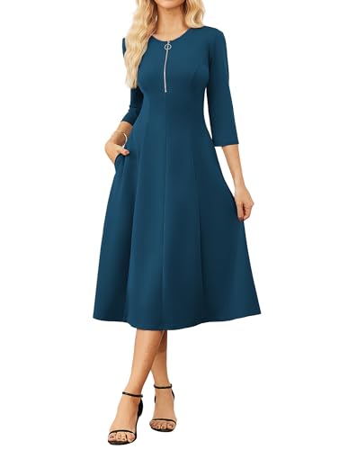 Rockabilly Kleider Damen A-Linie 3/4-Ärmel Midi Kleid Herbst Damen Mit Tasche Festliches Kleider Business Outfit Pfauenblau XXL von GRACE KARIN