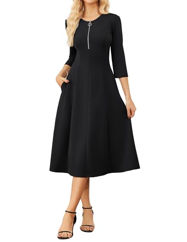 Rockabilly Kleider Damen A-Linie 3/4-Ärmel Midi Kleid Herbst Damen Mit Tasche Festliches Kleider Business Outfit Schwarz XXL von GRACE KARIN