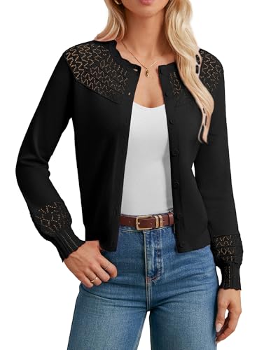 Schwarze Strickjacken für Damen Gestrickt Cardigan Runhals Vintage Pullover Leichte Strickpullover Bolero Strick Cardigans XL von GRACE KARIN