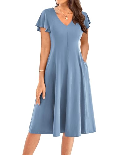 Schwarzes Kleid Damen Elegant A-Line V-Ausschnitt Freizeitkleid mit Tasche Sommer Strandkleid Lang Grau Blau XL von GRACE KARIN