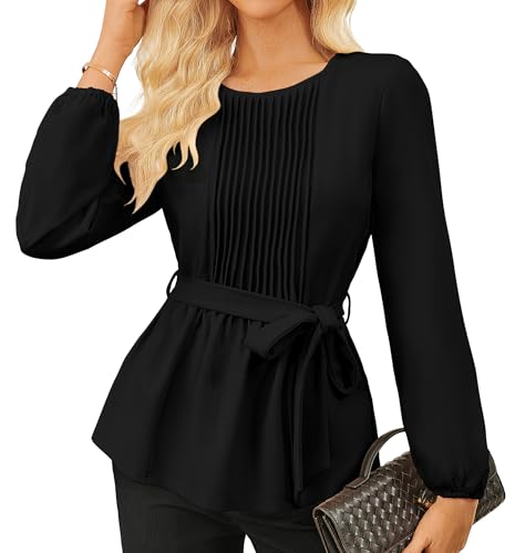Shirts Damen Sommer Langarm Herbst Festival Oberteil Hemdbluse Blusenshirt Rundhals Lose Oberteile Schwarz XL von GRACE KARIN