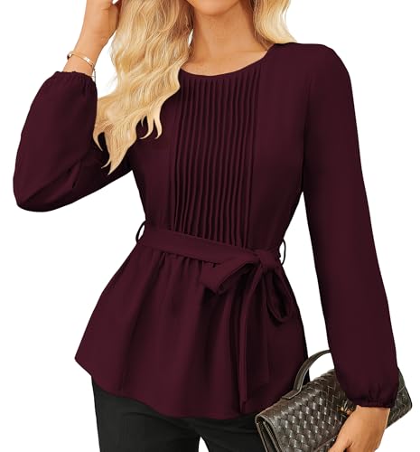 Shirts Damen Sommer Langarm Herbst Festival Oberteil Hemdbluse Blusenshirt Rundhals Lose Oberteile Weinrot XL von GRACE KARIN