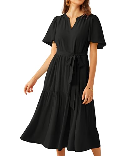 Solid Farbe Retro V-Ausschnitt Chiffon-Kleid Fashion A-Linie Maxi Kleid Elastikbund Freizeitkleider mit Abnehmbarer Taillengürtel Schwarz S von GRACE KARIN