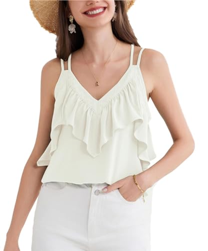 Solides verstellbares Schulter-Rüschenbesatz-Camisole für Damen Boho-Casual-Cami-Top Weiß L von GRACE KARIN