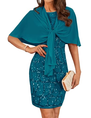 Sommer Luxuriös Deutscher Mutterstil Kleid Chiffon Einfarbiges 2er Set Abendkleid Fashion Cami Kleid mit Tüllschal Blaugrün 38 von GRACE KARIN