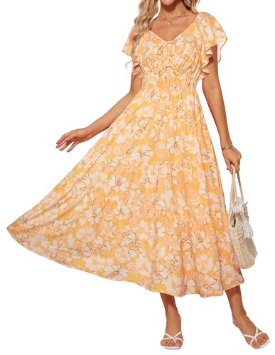Sommerkleid Damen Blumen Freizeitkleid Rüschenärmel A-Linie Maxikleid Boho Kleid Rockabilly Kleid Gelb Weiße Blumen S von GRACE KARIN