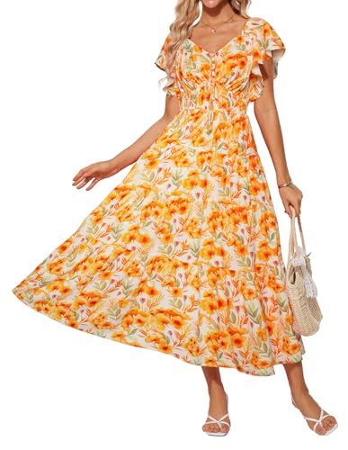 Sommerkleid Damen Blumen Freizeitkleid Rüschenärmel A-Linie Maxikleid Boho Kleid Rockabilly Kleid Orange Blumen S von GRACE KARIN