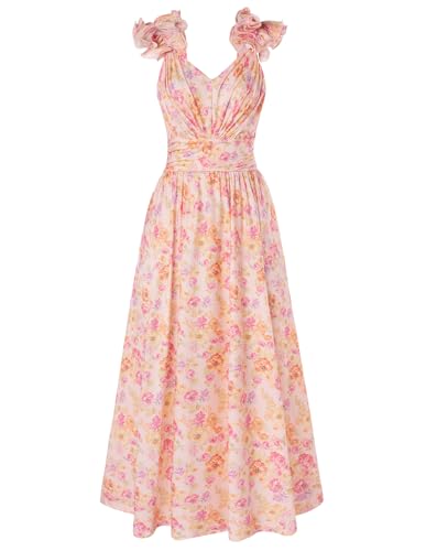 Sommerkleid Damen Knielang A-Linie Blumenkleid Ärmellos Abendkleid Damen Lila Orange Blume XXL von GRACE KARIN