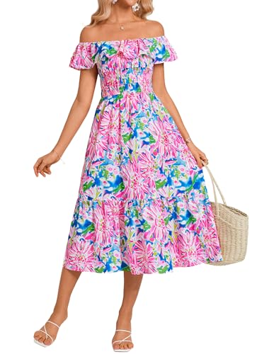 Sommerkleid Damen Lang A-Linie Boho Pinkes Rosa Blumen Kleid Ärmellos Schulterfrei Strandkleid CL15-03/Blauer Grund rosa Blumen M von GRACE KARIN