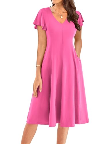 Sommerkleid Damen Lang A-Linien Rüschen Kuzarm Hochzeitskleid Gast Eingarbige Maxikleid mit Tasche Rosa M von GRACE KARIN
