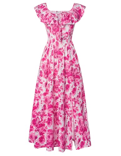 Sommerkleid Damen Lang Blumen A-Linie Schlitz Kleider für Hochzeitsgäste Strand Party Urlaub CL0213-14/Rosenrot geblümt XL von GRACE KARIN