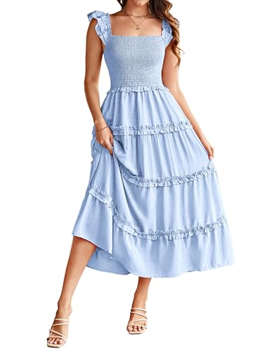 Sommerkleid Damen Lang Elegante Rüschen Flügelärmeln Gestuftes A-Linie Boho Kleid mit Taschen CLK028-6/Hellblau S von GRACE KARIN