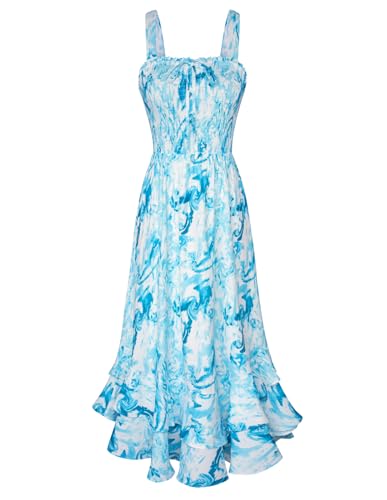 Sommerkleid Damen Leicht Maxikleid Blumenkleid Freizeitkleid Swing Trägerkleid Abendkleid XL Blaue Wasserwellen von GRACE KARIN