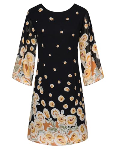 Sommerkleider Damen Chiffon Sommer Kleid 3/4 Ärmel Loose Fit Midikleid Party Kleid M Schwarz-Gelbe Blumen CLK041A23-21 von GRACE KARIN