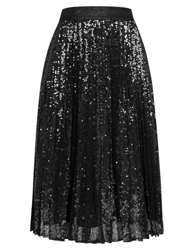 Sommerrock Damen Leicht und Luftig Hohe Taille Strandrock Damen Urlaub Midi Rock Büro S Schwarz -1 von GRACE KARIN