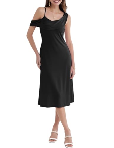 Spaghettiträgerkleid für Frauen Asymmetrischer Ausschnitt Off Shoulder Geraffte A Line Strand Sonnenkleid Schwarz 36 von GRACE KARIN