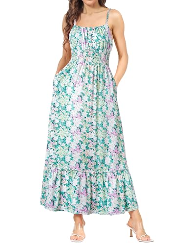Strandkleid Damen Ärmellos Blumenkleid Maxikleid Casual Cami-Kleid Boho Kleid Spaghettiträger Smocked Cocktailkleid Sommerkleid Grün-weiße Blumen XL von GRACE KARIN
