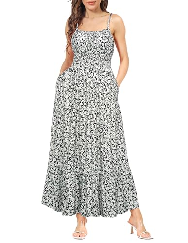 Strandkleid Damen Ärmellos Blumenkleid Maxikleid Casual Cami-Kleid Boho Kleid Spaghettiträger Smocked Cocktailkleid Sommerkleid Schwarz-Weiße Blume XL von GRACE KARIN