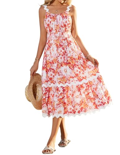 Strandkleid Damen Lang Sommerkleider Spaghettiträger Blumen Kleid A-Linie Blumenkleid Vintage Cocktailkleid Rot-Weiß Blume M-1 von GRACE KARIN
