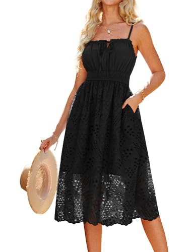 Strandkleid Damen Sommer Boho Kleid Spaghettiträger Swing Kleid A-Linie Urlaub Cocktailkleid Sommerkleider M Schwarz -2 von GRACE KARIN