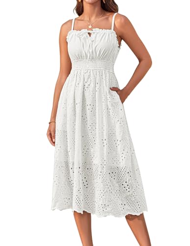 Strandkleid Damen Sommer Boho Kleid Spaghettiträger Swing Kleid A-Linie Urlaub Cocktailkleid Sommerkleider M Weiß -1 von GRACE KARIN