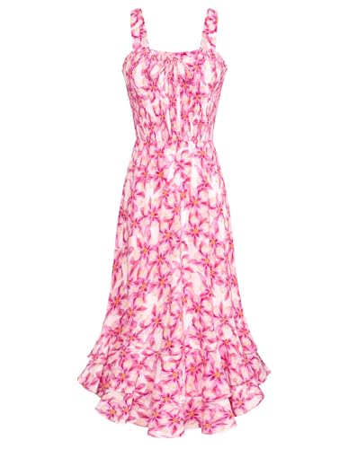 Strandkleider Damen Sommer A-Linie Blumen Kleid Ärmellos Maxikleid Spaghettiträger Kleid Strandwear Holidy L Weiß-Groß Rosa Blume von GRACE KARIN