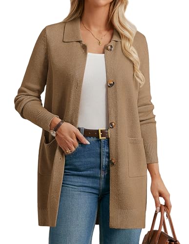 Strickhacke Damen Lang mit Taschen Lang Elegant Revers Kragen Open Front Cardigan CL172-03/Gelb L von GRACE KARIN