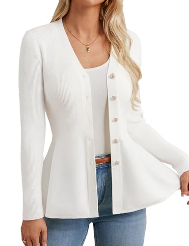 Strickjacke Damen Lang A-Linien Langarm Pullover Damen Herbst Winter Cardigan mit Knopf Elegant Weiß M von GRACE KARIN