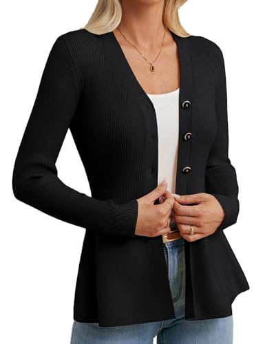 Strickjacke Damen Sommer Leichet Schwarz A-Linien Cardigan Jacke Slim Fit mit Knopf Schwarz L von GRACE KARIN