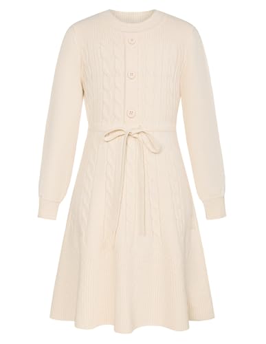 Langärmeliges Strickkleid mit Zopfmuster für Mädchen, Rundhalsausschnitt, A-Linien-Schnitt, Taillenschnur 10-12 Jahre/Beige -1 von GRACE KARIN
