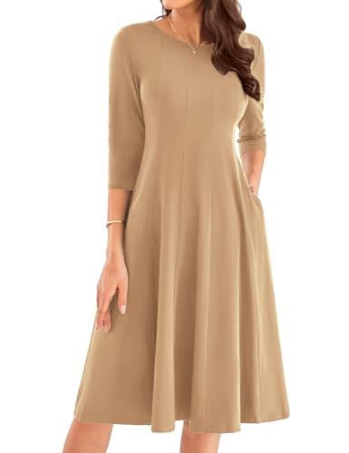 Swing Kleid Damen A-Linie Langarm Plisseekleid Elegant Büro Freizeitkleid Casual XXL Khaki -26 von GRACE KARIN