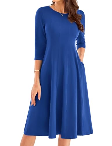 Swing Kleid Damen A-Linie Langarm Plisseekleid Elegant Büro Freizeitkleid Casual XXL Saphir-Blau -8 von GRACE KARIN