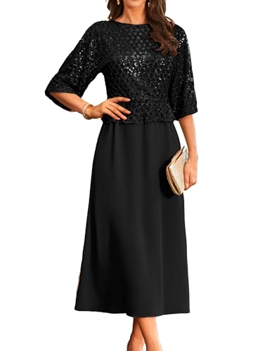 Swing Kleid Damen Elegant A-Linie Cocktailkleid Damen Lang Chiffon Kleid Sommer Herbst M Schwarz -2 von GRACE KARIN
