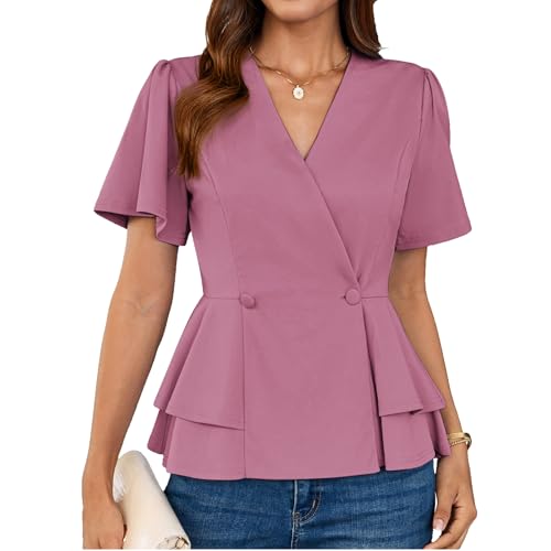 T-Shirt Damen Kurzarm Blusen Festlich Rüschenärmel Tops Elegant Party Hochzeit Tunika S Rosa -10 T-Shirt Damen Kurzarm Blusen Festlich Rüschenärmel Tops Elegant Party Hochzeit Tunika S Rosa -10 von GRACE KARIN