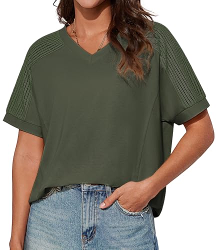 T-Shirt Damen V Ausschnitt Pullover Frühling Sommer Tunika Elegante Blusenshirt Kurzarm Büro Casual L Armeegrün -5 von GRACE KARIN