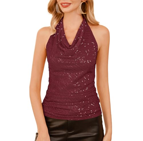 Übergröße Solid Farbe Lässiges Bequemes Alltag Oberteil Sexy Mode Neckholder Schmale Passform Paillettenoberteil für Cocktail Weihnachten Rotwein XXL von GRACE KARIN