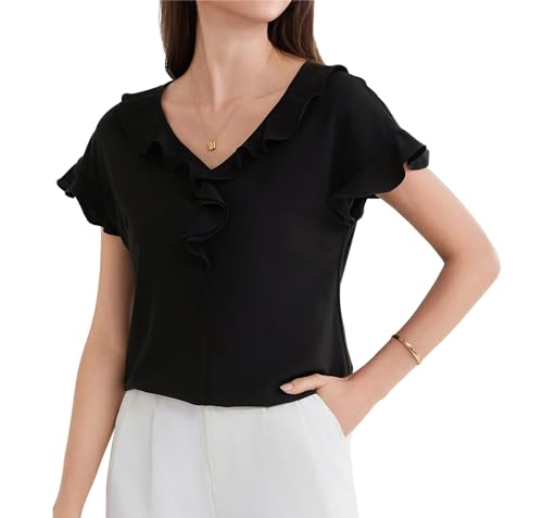 V-Ausschnitt Kurzarm Lockere Passform Top für Party Damen Solid Farbe Übergröße Chiffon Sommer Cool Party Top Schwarz S von GRACE KARIN