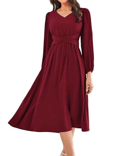 Weihnachten Geburtstag Halloween Valentinstag A-Linie Partykleid Vintage 70er High Waist Wickelkleid Langarm Cocktailkleid Weinrot M von GRACE KARIN