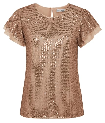 festliches Outfit Damen Glitzer Tops Damen Cocktail Party Rundhals Tops T-Shirt Kaffee XL von GRACE KARIN