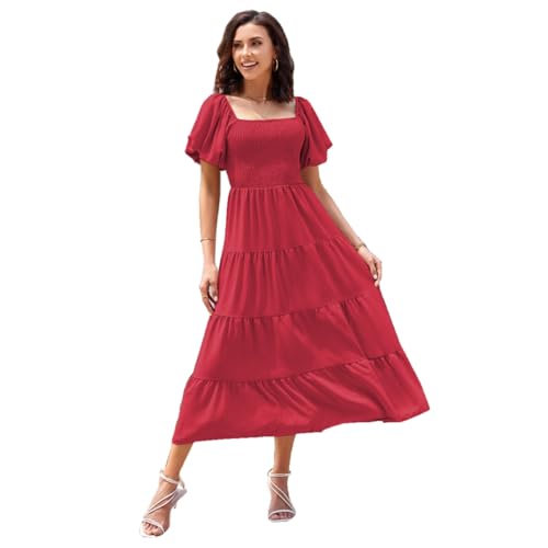GRACEART Damen Sommerkleid Quadratischer Ausschnitt Laternenärmel Kleid A-Linie Freizeitkleid (DE/NL/SE/PL, Alphanumerisch, XL, Regular, Regular, rot) von GRACEART