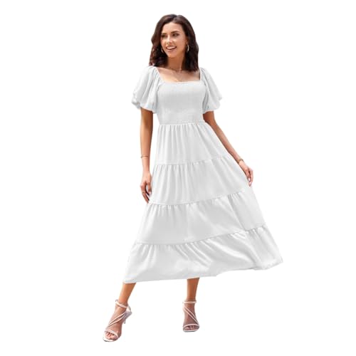 GRACEART Damen Sommerkleid Quadratischer Ausschnitt Laternenärmel Kleid A-Linie Freizeitkleid (DE/NL/SE/PL, Alphanumerisch, XL, Regular, Regular, weiß) von GRACEART