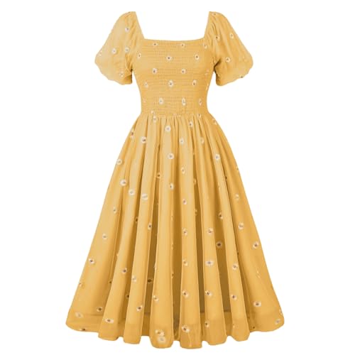GRACEART Damen Sommerkleid Quadratischer Ausschnitt Laternenärmel Kleid Rüsche A-Linie Freizeitkleid (DE/NL/SE/PL, Alphanumerisch, L, Regular, Regular, gelb) von GRACEART