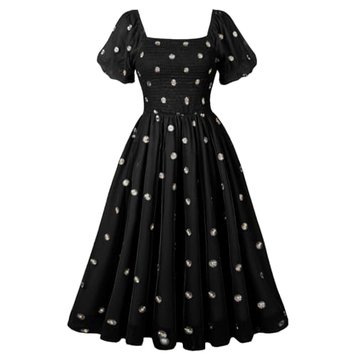 GRACEART Damen Sommerkleid Quadratischer Ausschnitt Laternenärmel Kleid Rüsche A-Linie Freizeitkleid (DE/NL/SE/PL, Alphanumerisch, L, Regular, Regular, schwarz) von GRACEART