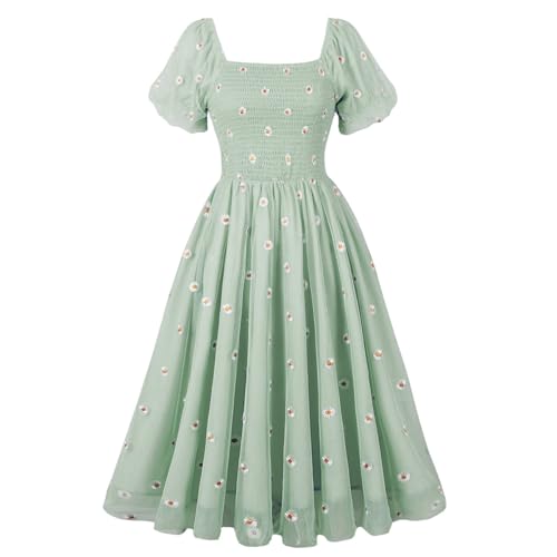 GRACEART Damen Sommerkleid Quadratischer Ausschnitt Laternenärmel Kleid Rüsche A-Linie Freizeitkleid (DE/NL/SE/PL, Alphanumerisch, S, Regular, Regular, grün) von GRACEART