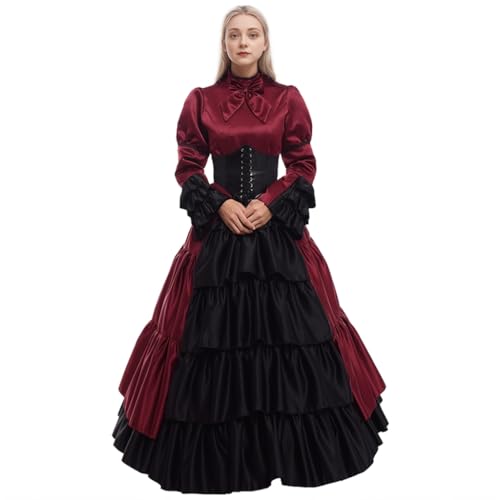 GRACEART Frauen mittelalterlichen viktorianischen Kostüm Vintage Rüschen Fancy Dress mit Krinoline und Gürtel (Weinrot, XX-Large) von GRACEART